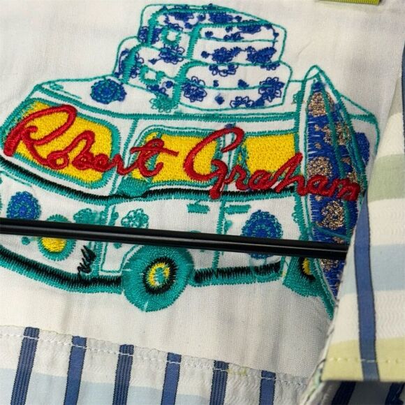 Robert Graham XL Tailored Fit Check Stripe Shirt Blue Yellow Bold Cuff Casual - Picture 7 of 10